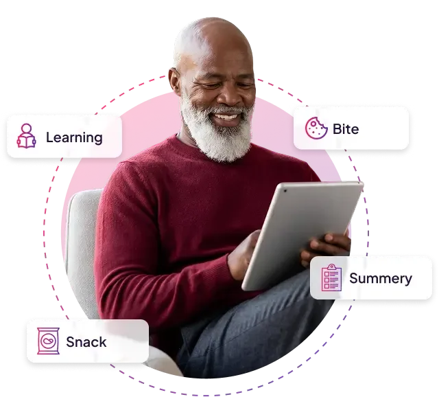Voter reading a clear ballot explanation on a tablet, labeled with Learning, Bite, Snack, and Summary